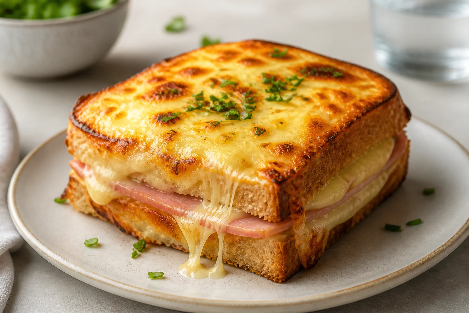 Croque-monsieur présenté de trois quarts avec fromage fondant