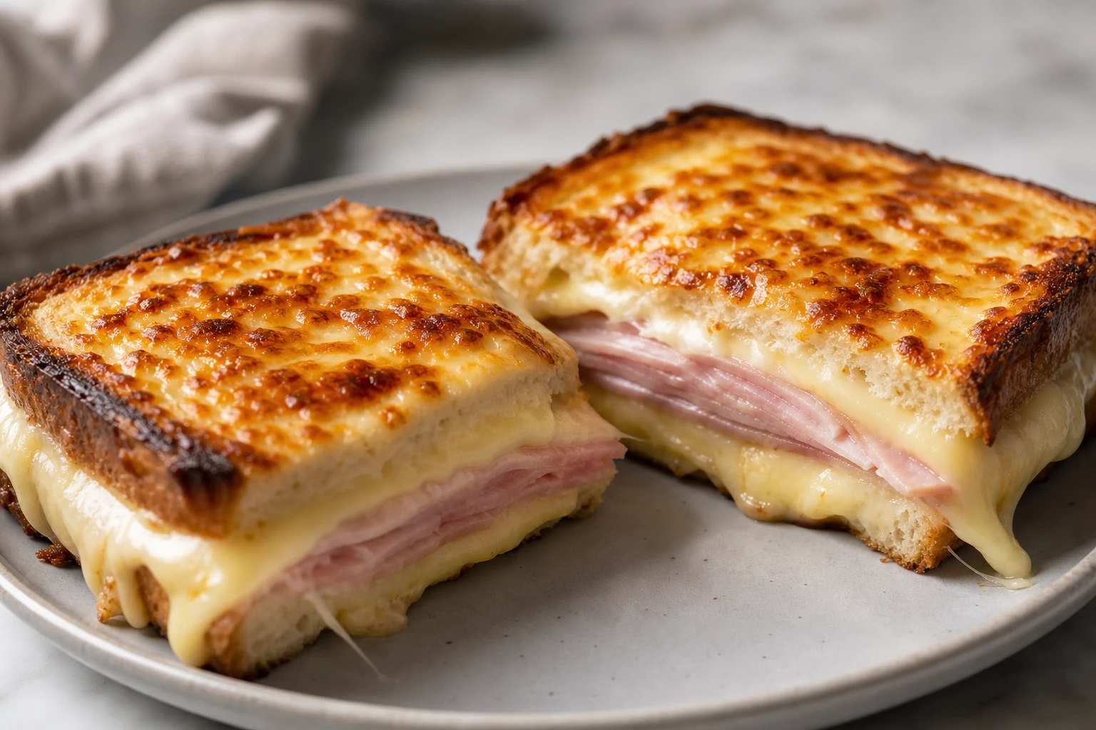 Croque-monsieur coupé montrant jambon et fromage