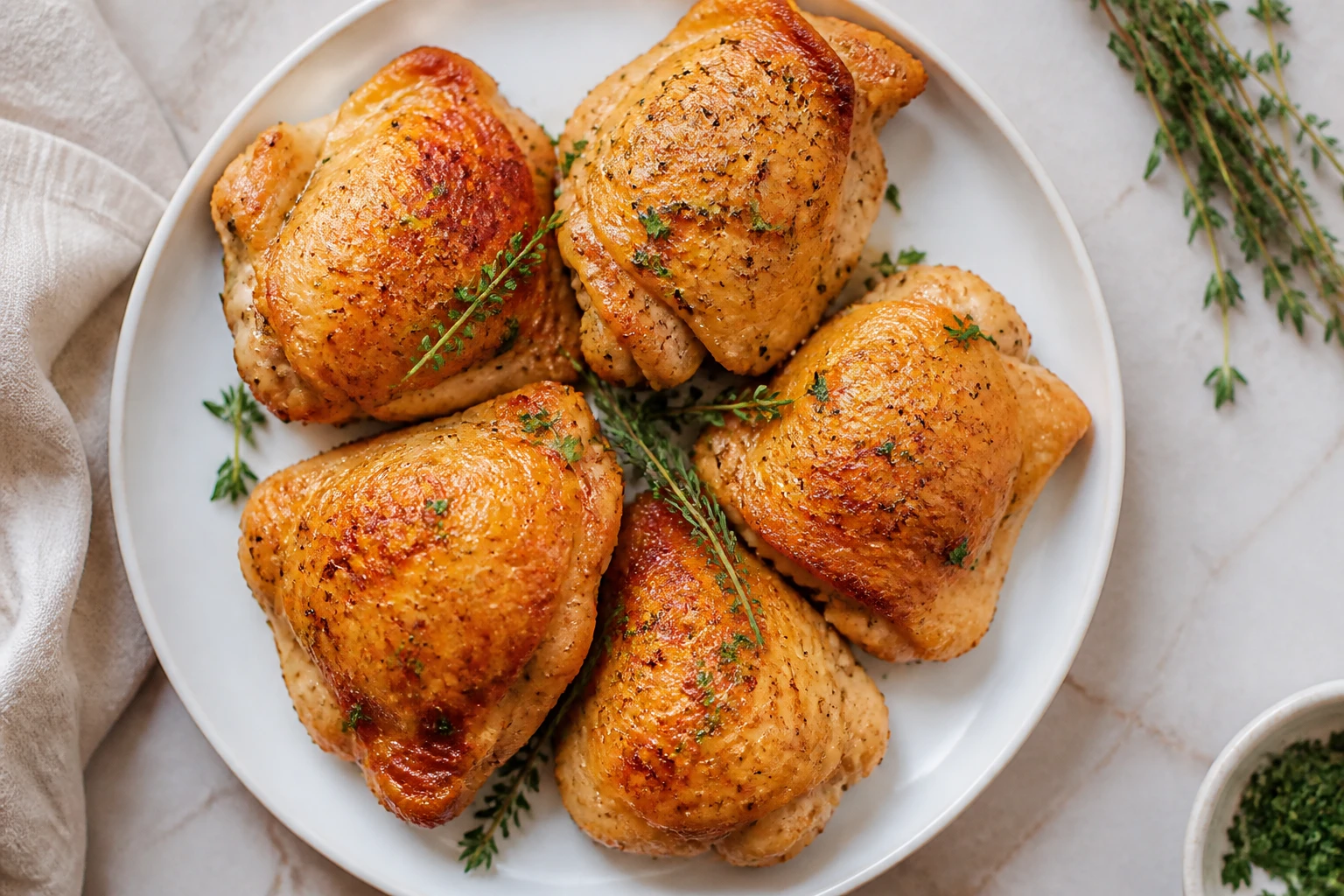 Cuisses de poulet dorées servies vue du dessus