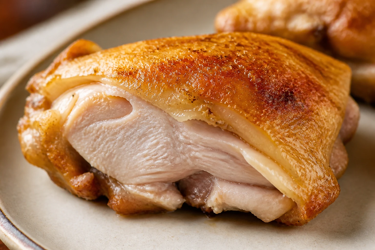 Coupe d’une cuisse de poulet juteuse à cœur