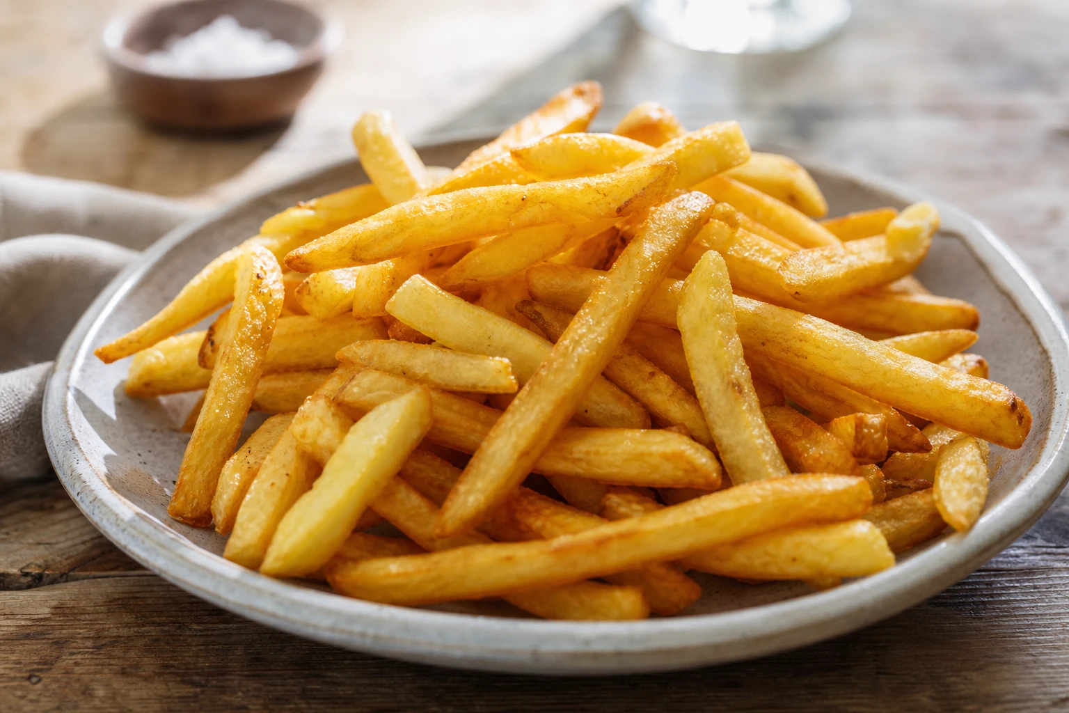 Frites dorées présentées de trois quarts