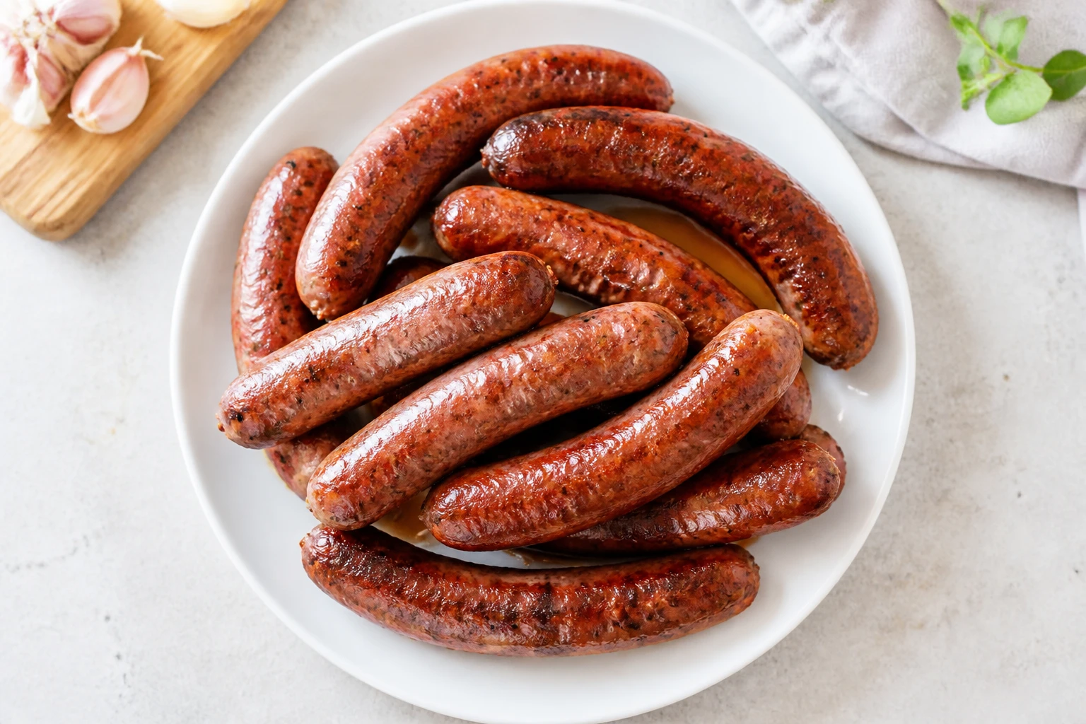 Merguez dorées servies dans l’assiette vue du dessus