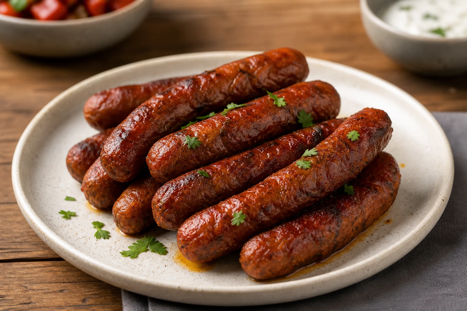 Merguez présentées de trois quarts avec peau croustillante