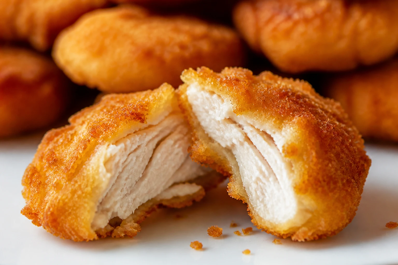 Nugget coupé montrant le poulet juteux