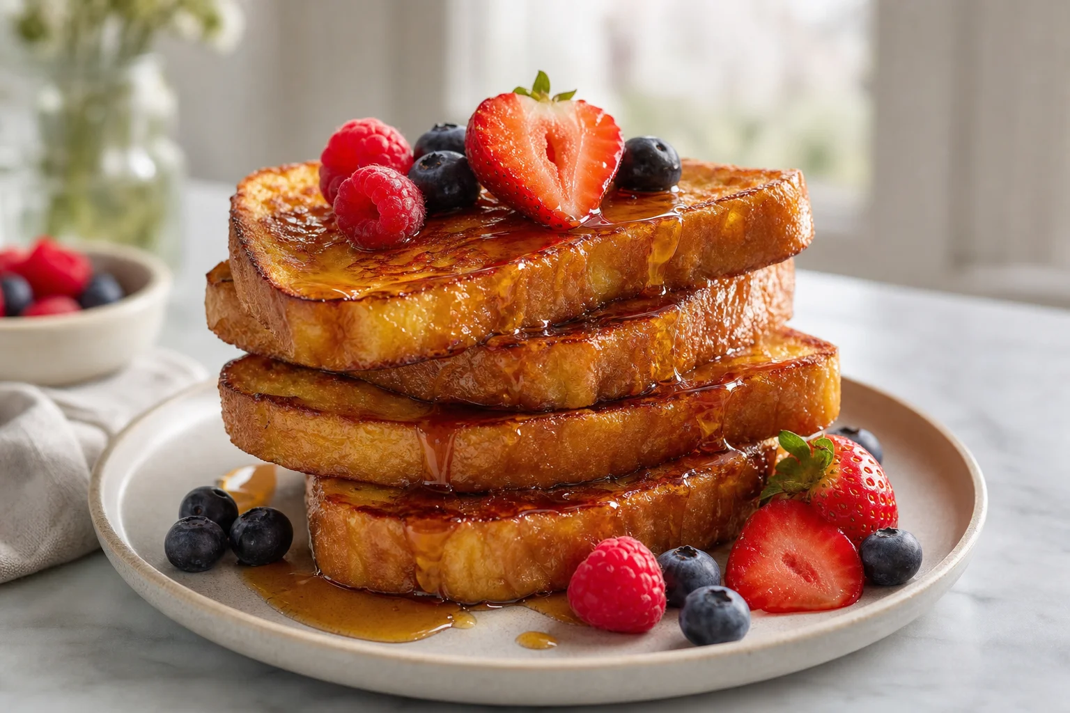 Pain perdu présenté de trois quarts avec sirop