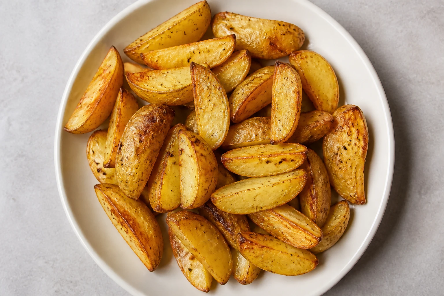 Quartiers de pommes de terre dorés servis vue du dessus