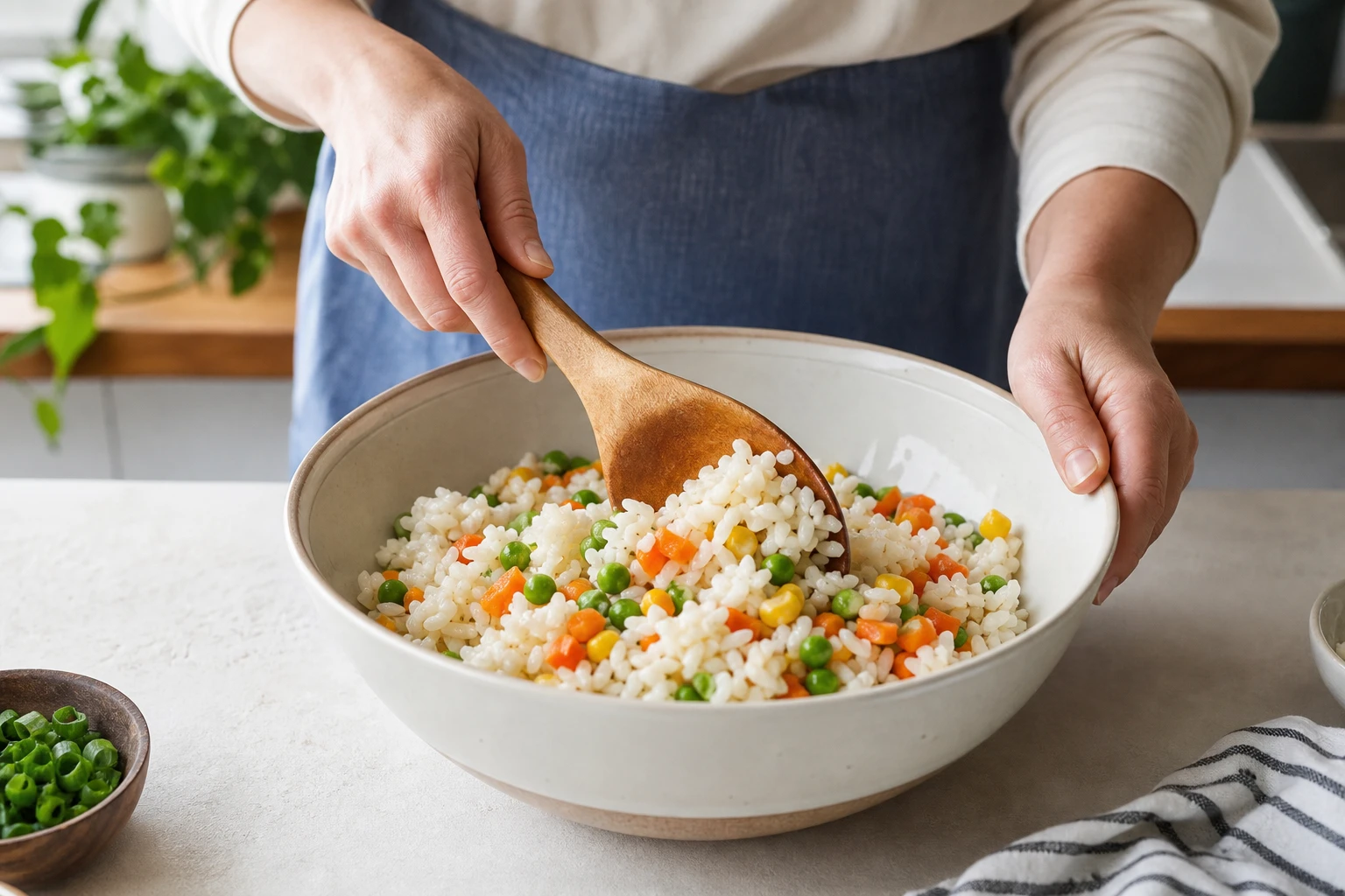 Mélange du riz cuit froid avec les légumes dans un saladier