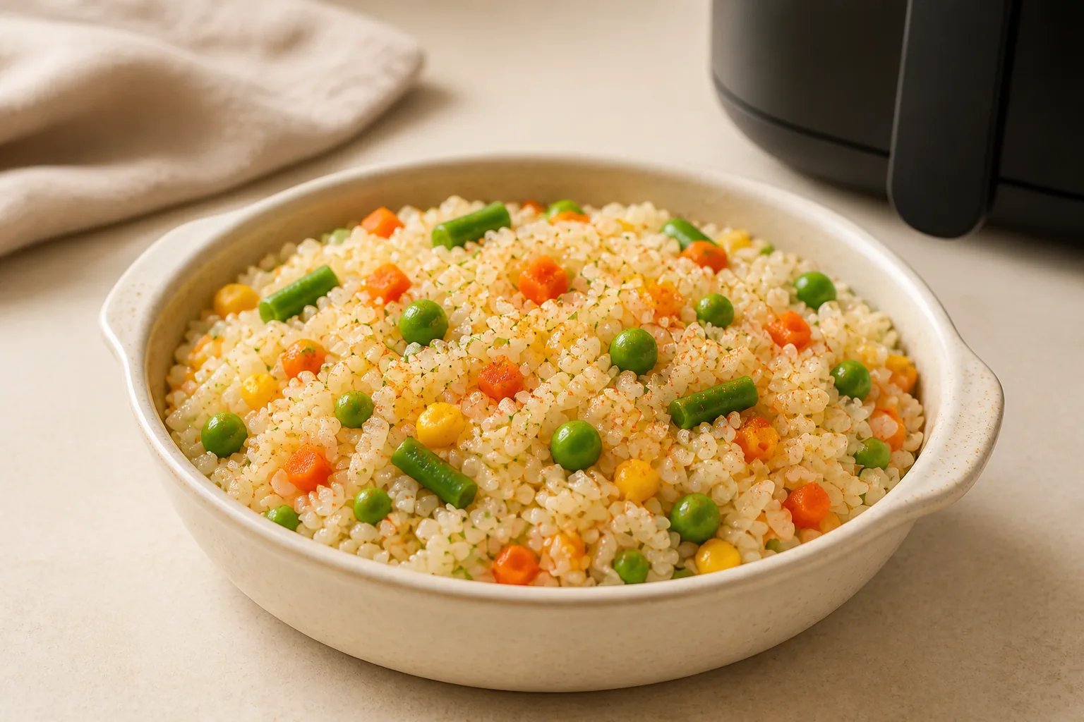 Riz et légumes dans un plat compatible Air Fryer