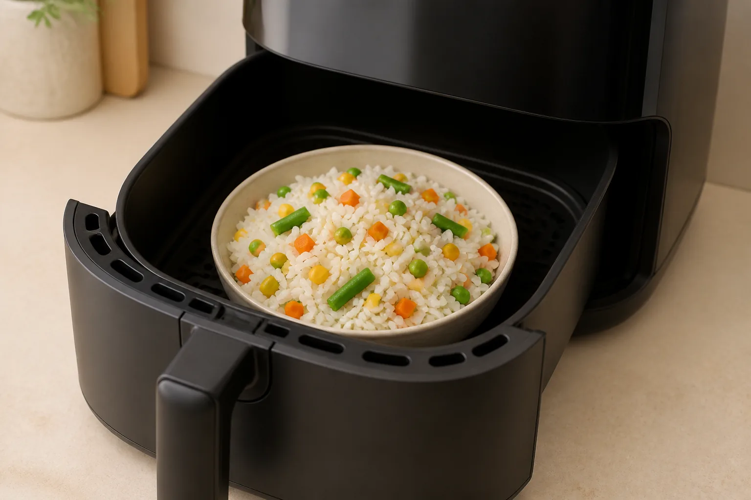 Riz aux légumes en cuisson dans l'Air Fryer à 180 °C