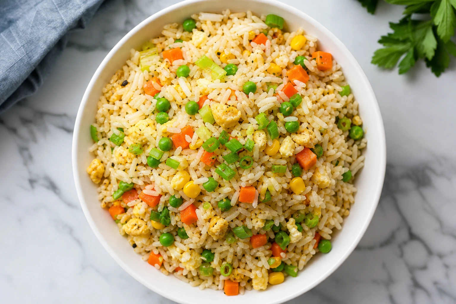 Bol de riz aux légumes servi vue du dessus