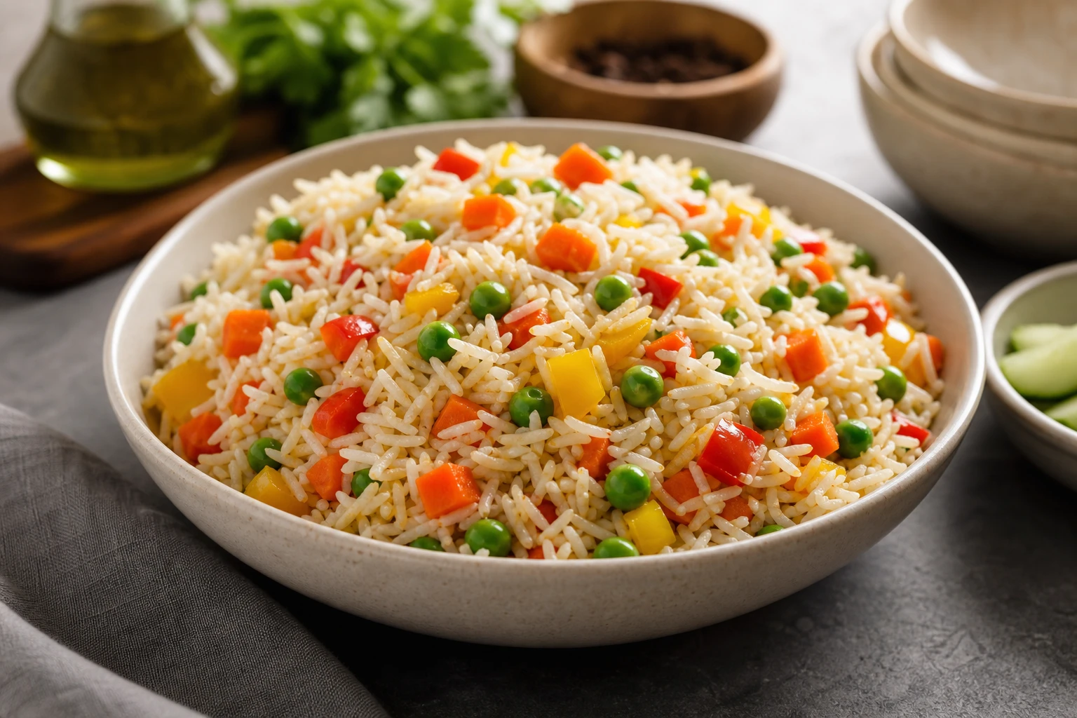 Riz aux légumes présenté de trois quarts