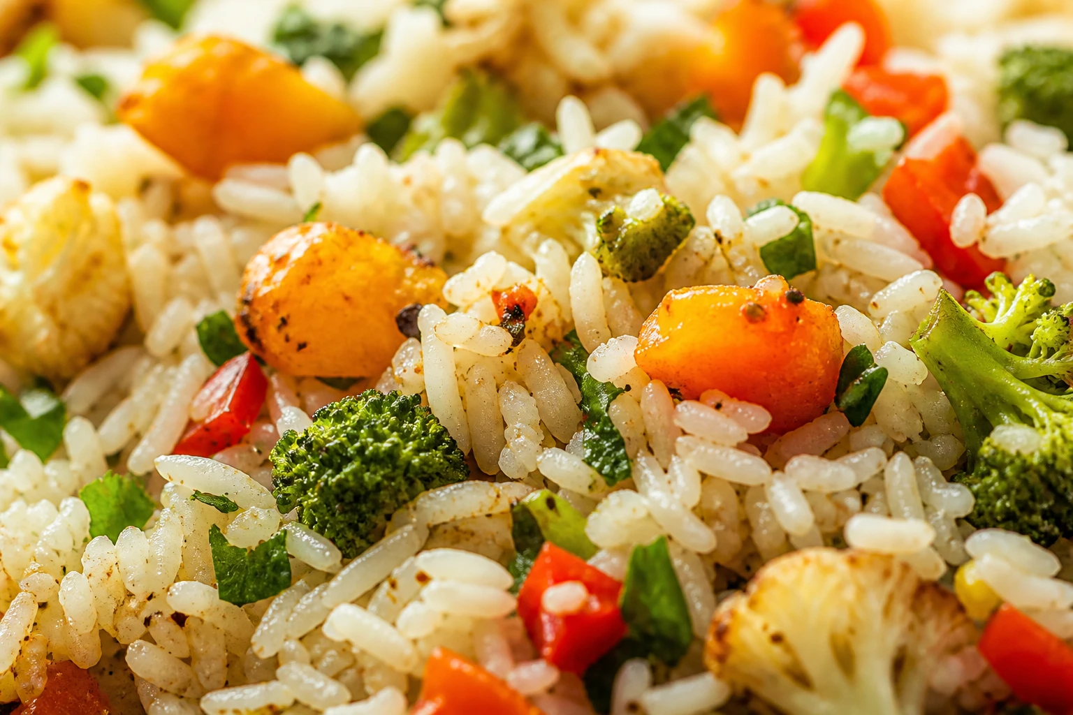 Détail des grains de riz et des légumes