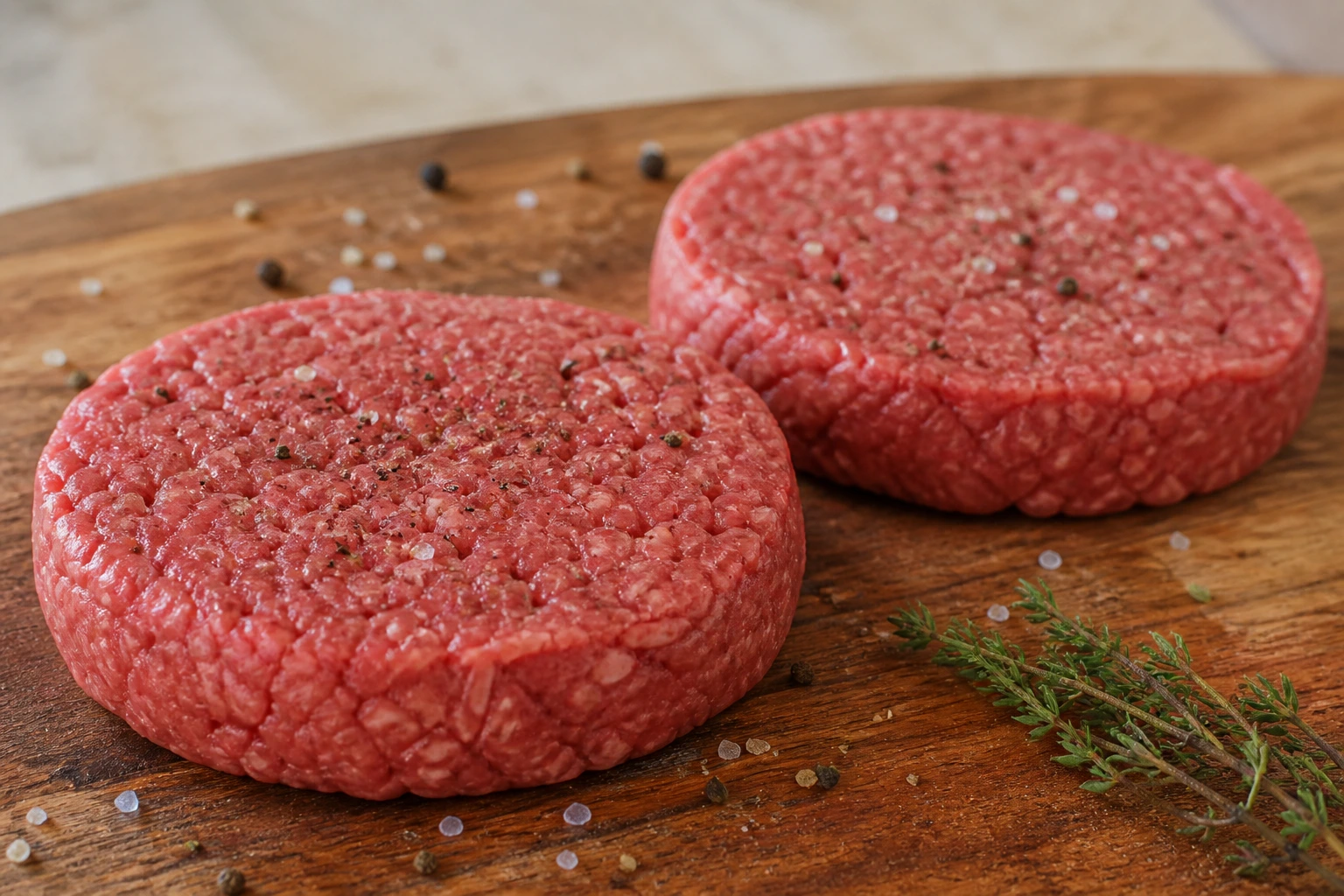 Steaks hachés de bœuf crus assaisonnés au sel, poivre et paprika