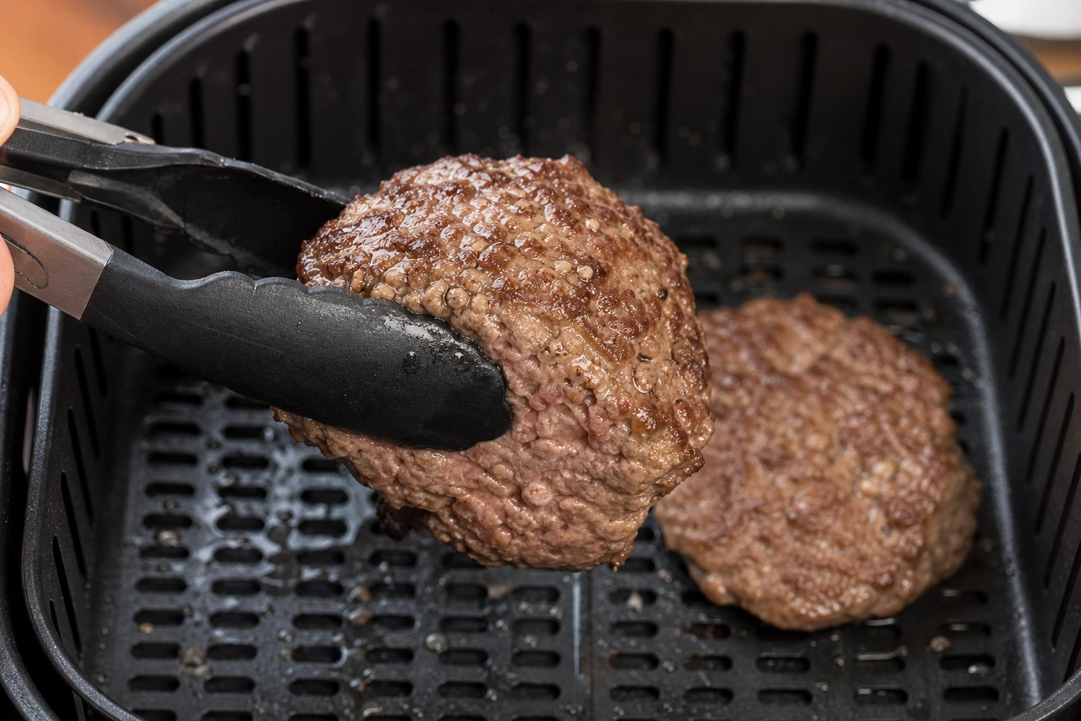 Retournement d'un steak haché de bœuf à mi-cuisson dans l'Air Fryer