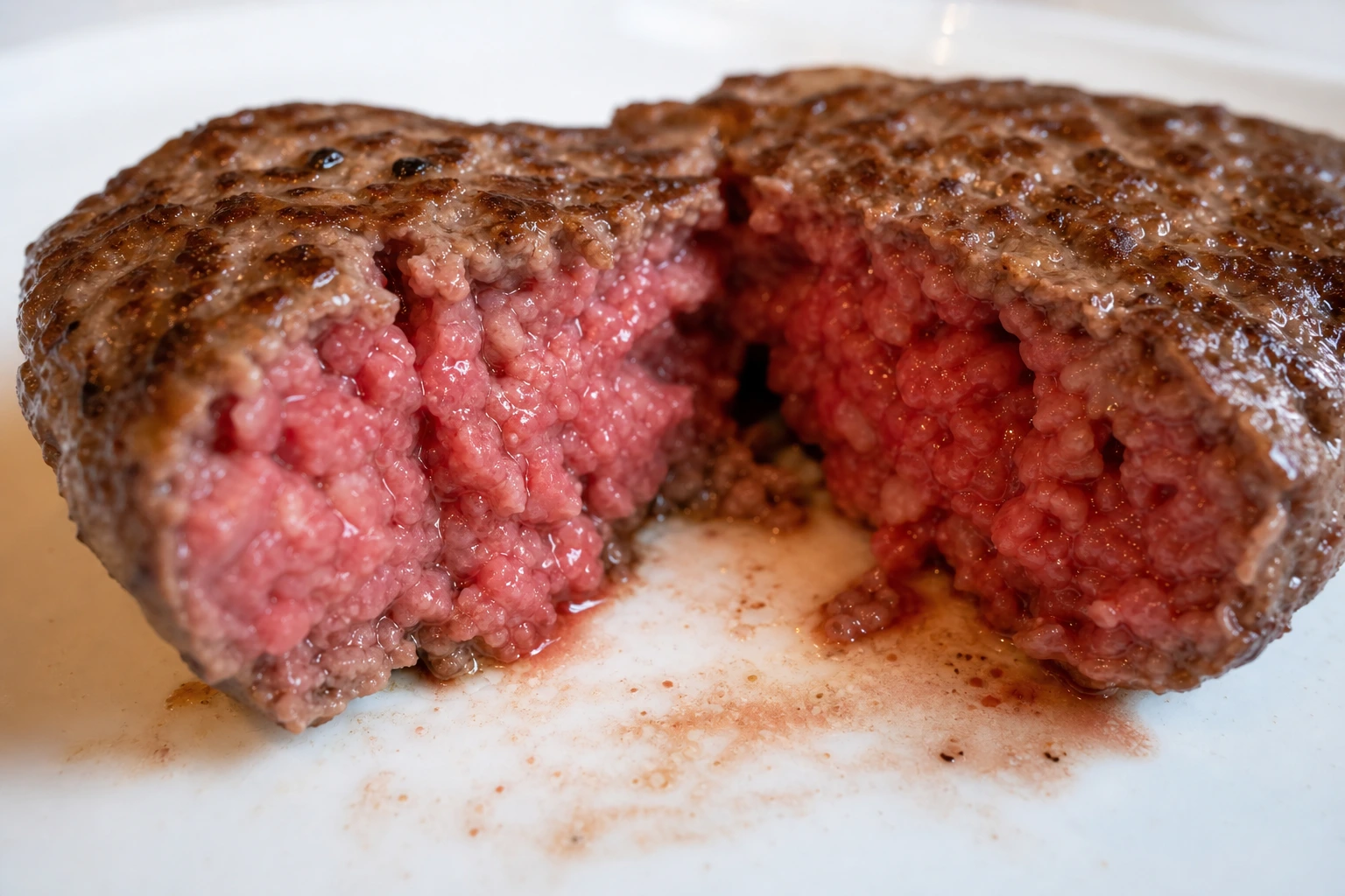 Coupe d’un steak haché de bœuf à point, centre rosé