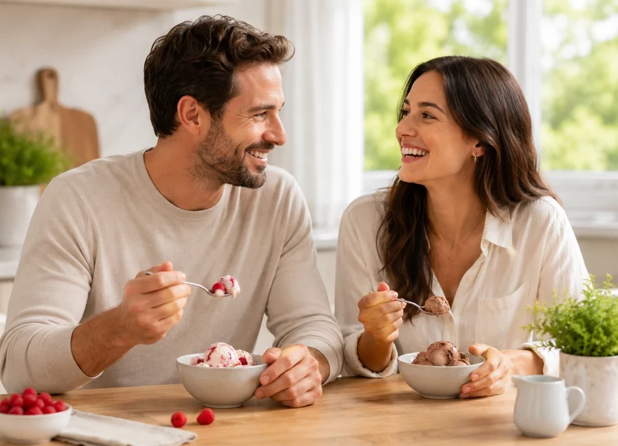 Deux personnes dégustant des desserts glacés