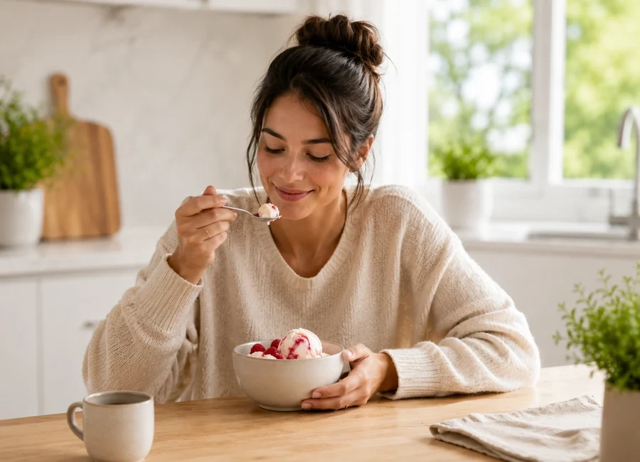 Une personne dégustant un dessert glacé