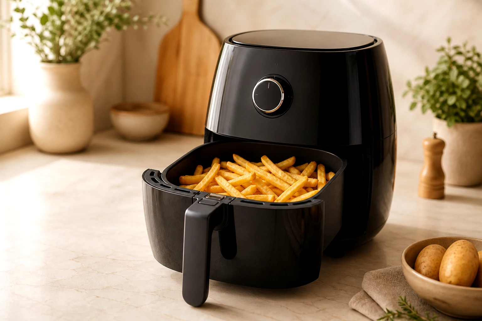 Air Fryer ouvert avec des frites dorées