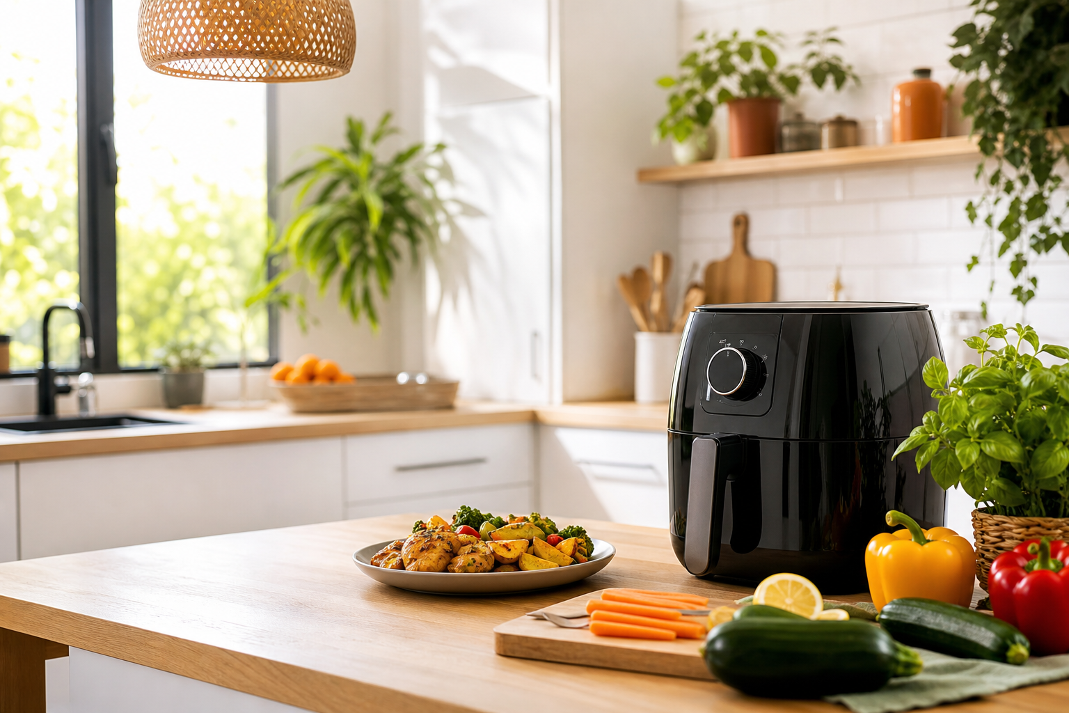 Air Fryer dans une cuisine lumineuse avec un repas complet