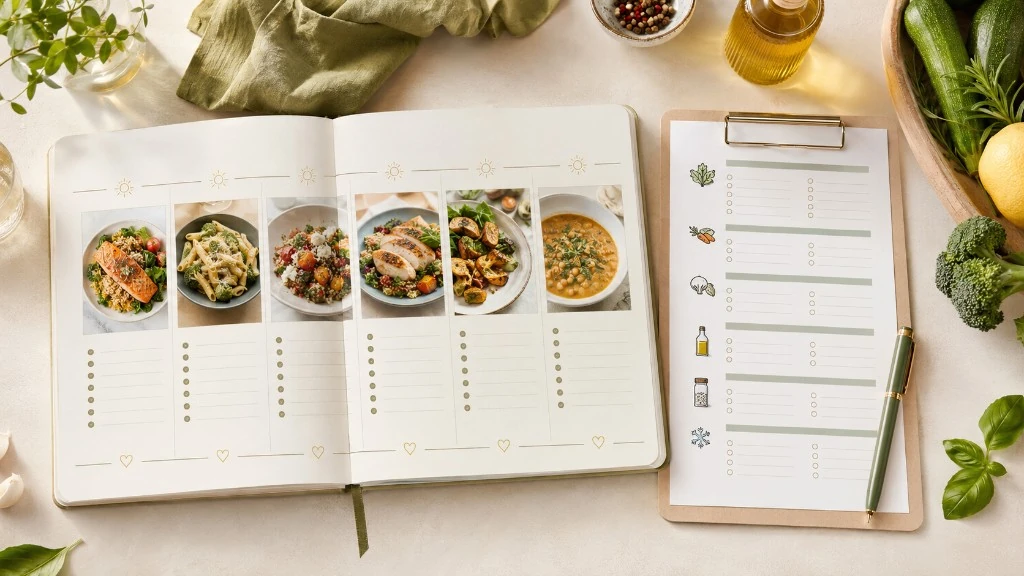 Carnet de planning repas de la semaine ouvert à côté d’une liste de courses classée par rayons