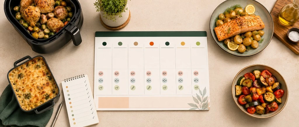 Planning de repas hebdomadaire entouré de plats cuisinés et d’une liste de courses