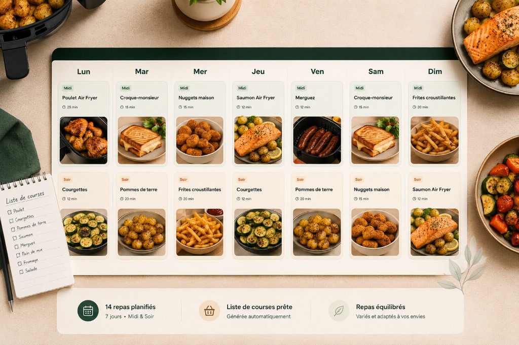 Aperçu du planificateur de menu de la semaine avec repas organisés jour par jour