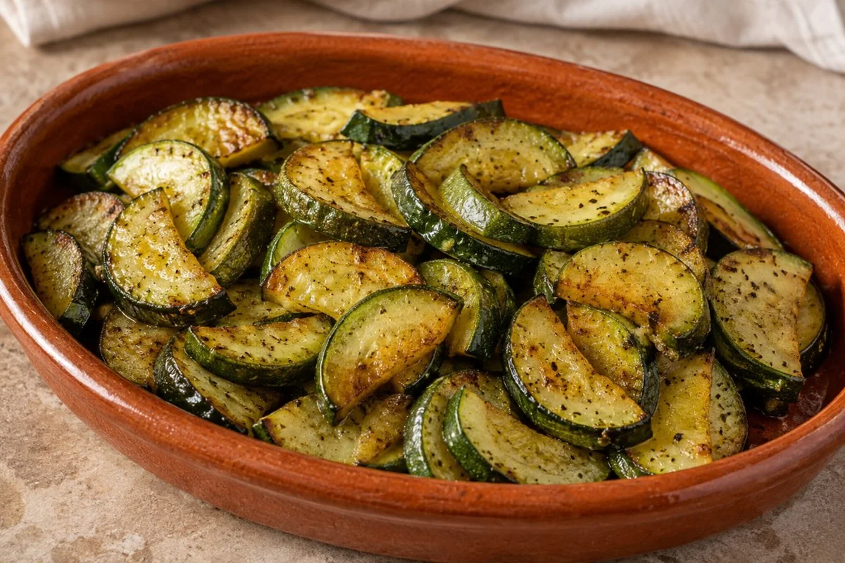 Courgettes rôties dorées servies dans un plat en terre cuite