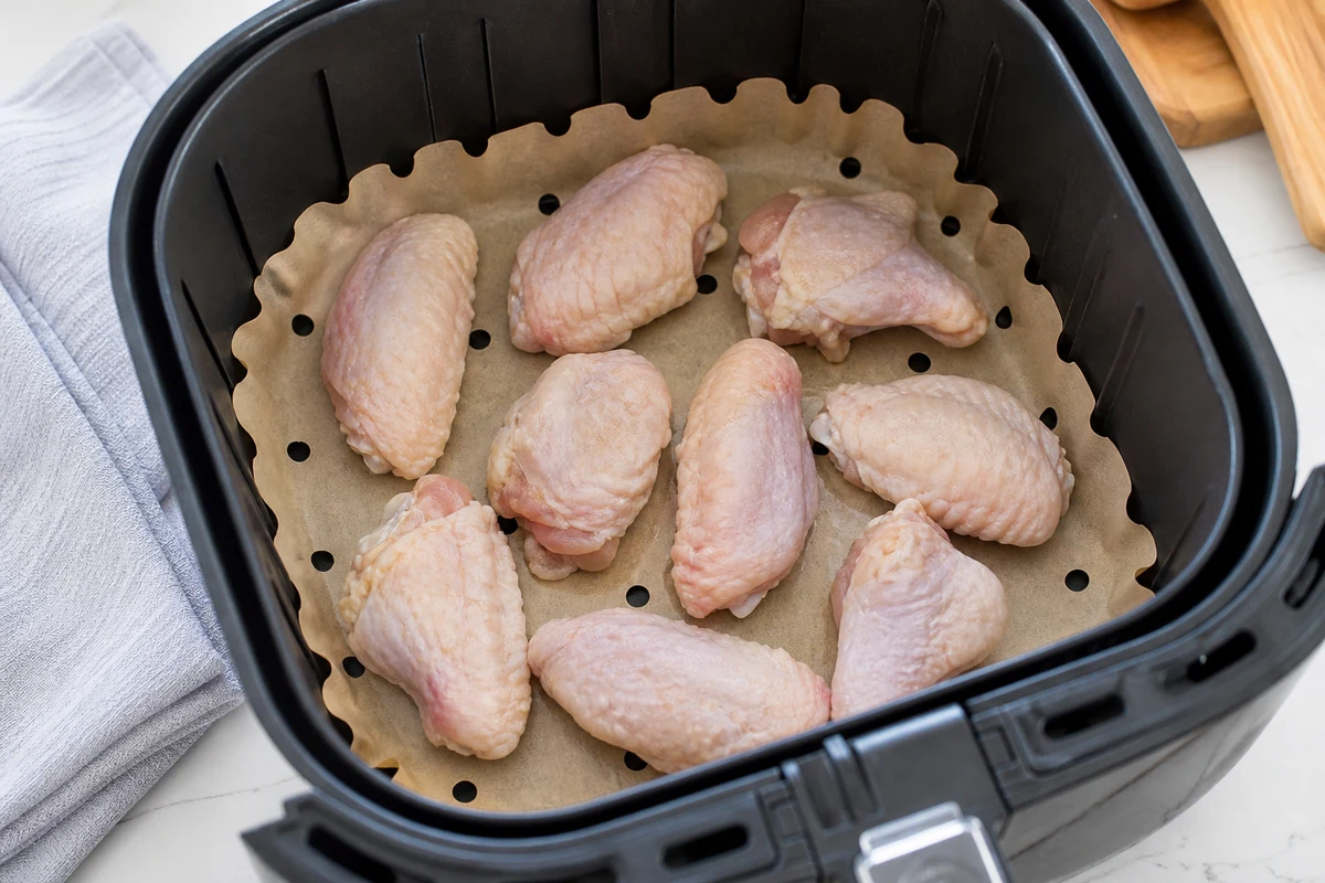Papier cuisson perforé correctement placé dans le panier Air Fryer