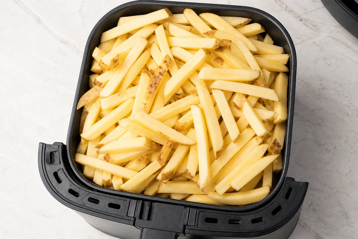 Panier Air Fryer surchargé avec trop de frites empilées