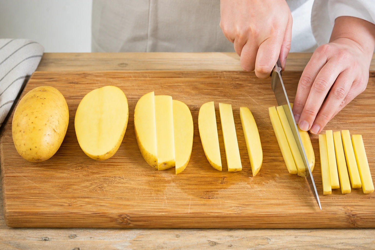 Découpe des pommes de terre en tranches puis en bâtonnets