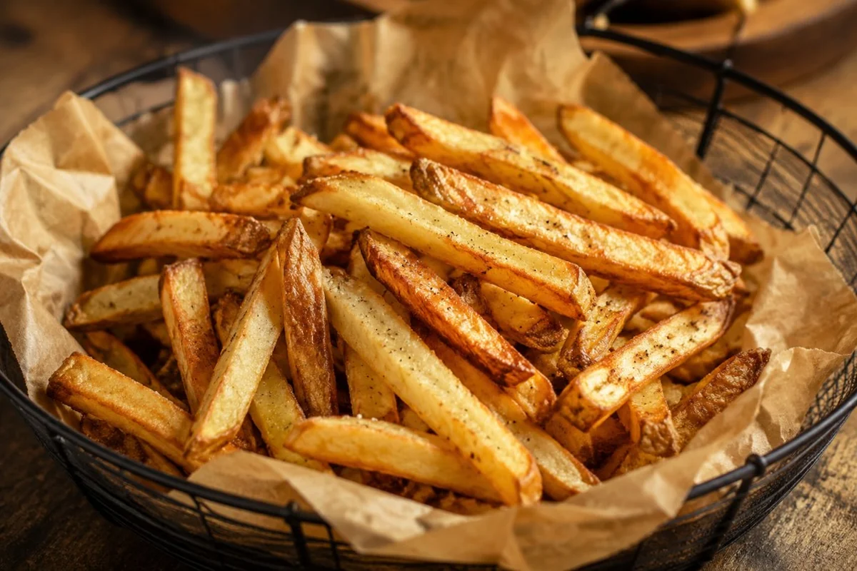 Frites croustillantes dans une corbeille métallique sur papier cuisson