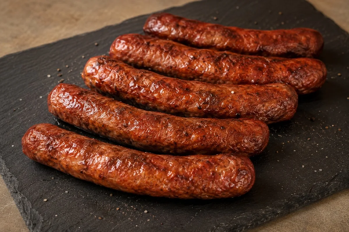 Six merguez dorées servies sur une ardoise sombre