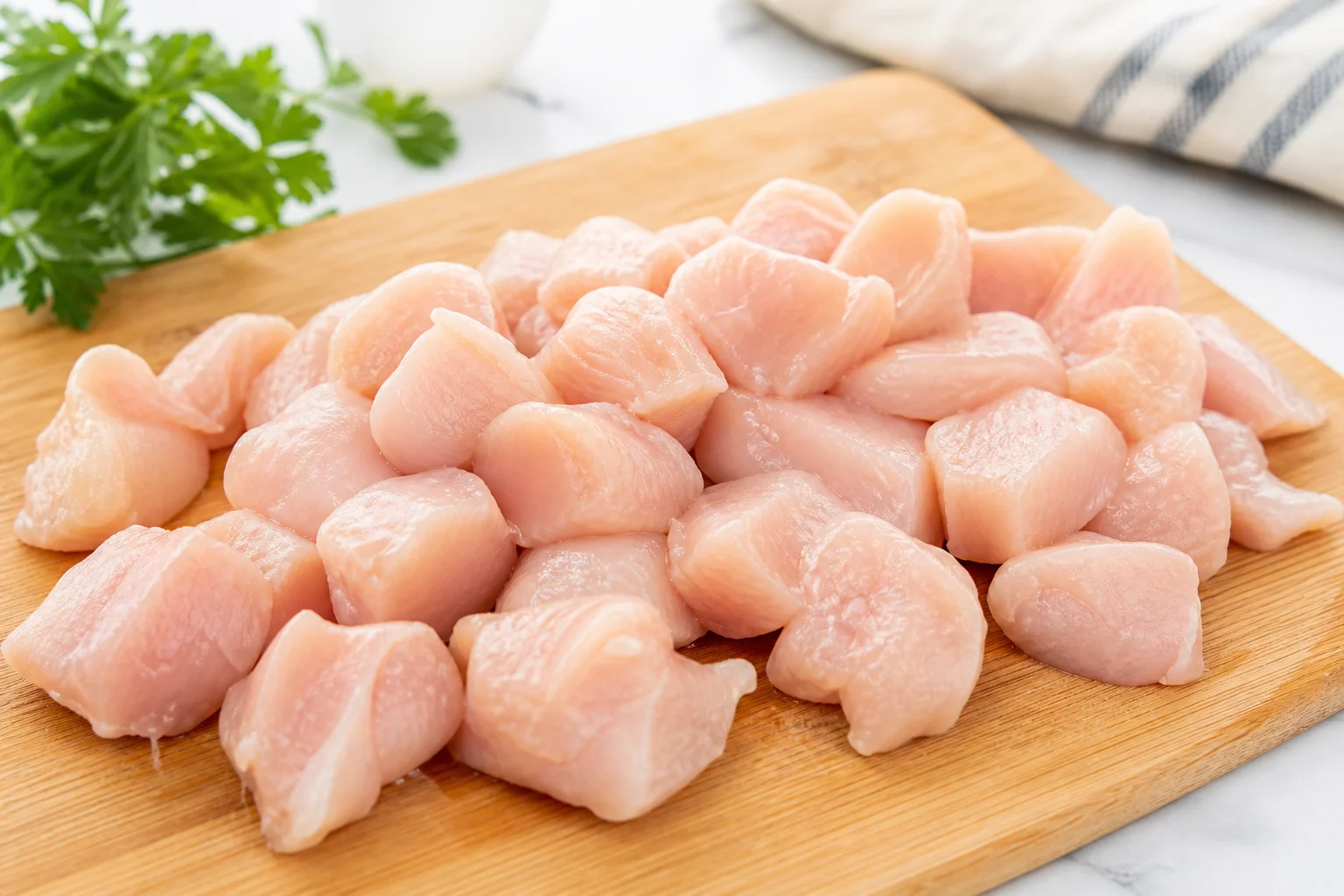 Poulet coupé en morceaux taille nugget
