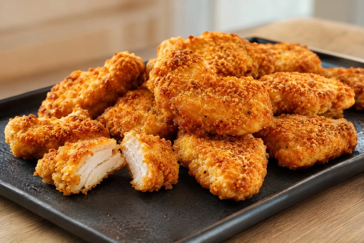 Nuggets maison croustillants servis sur un plateau noir