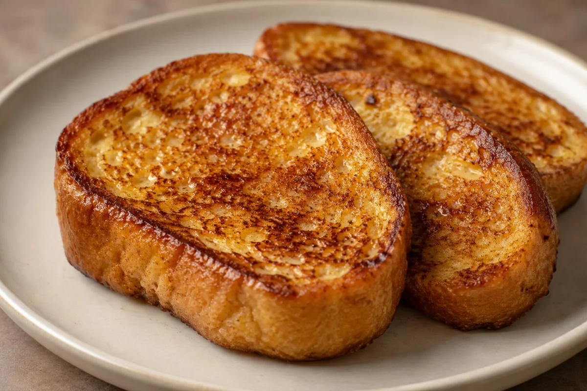 Tranches de pain perdu dorées sur une assiette claire