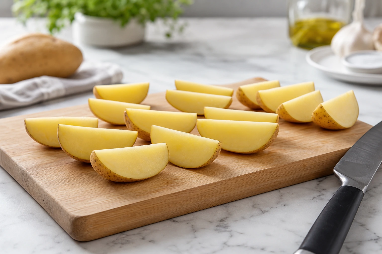Quartiers de pommes de terre sur planche à découper