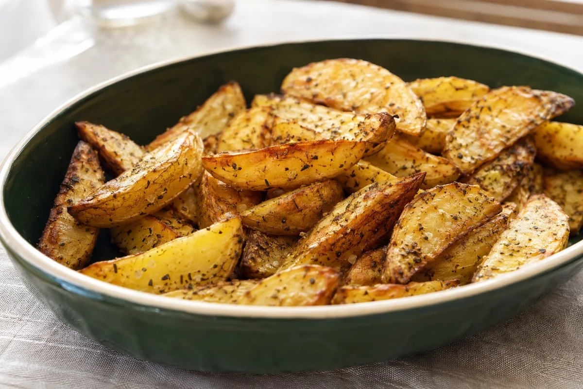 Quartiers de pommes de terre dorés aux herbes dans un plat vert