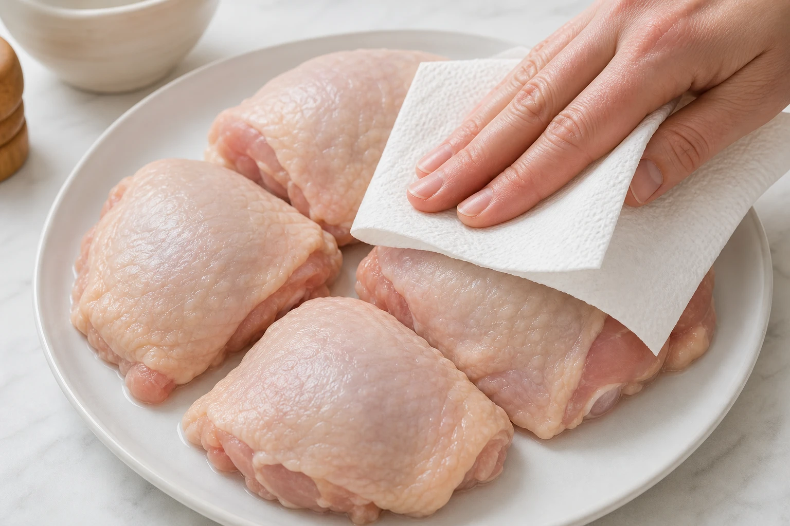 Sécher les morceaux de poulet avec du papier absorbant avant cuisson