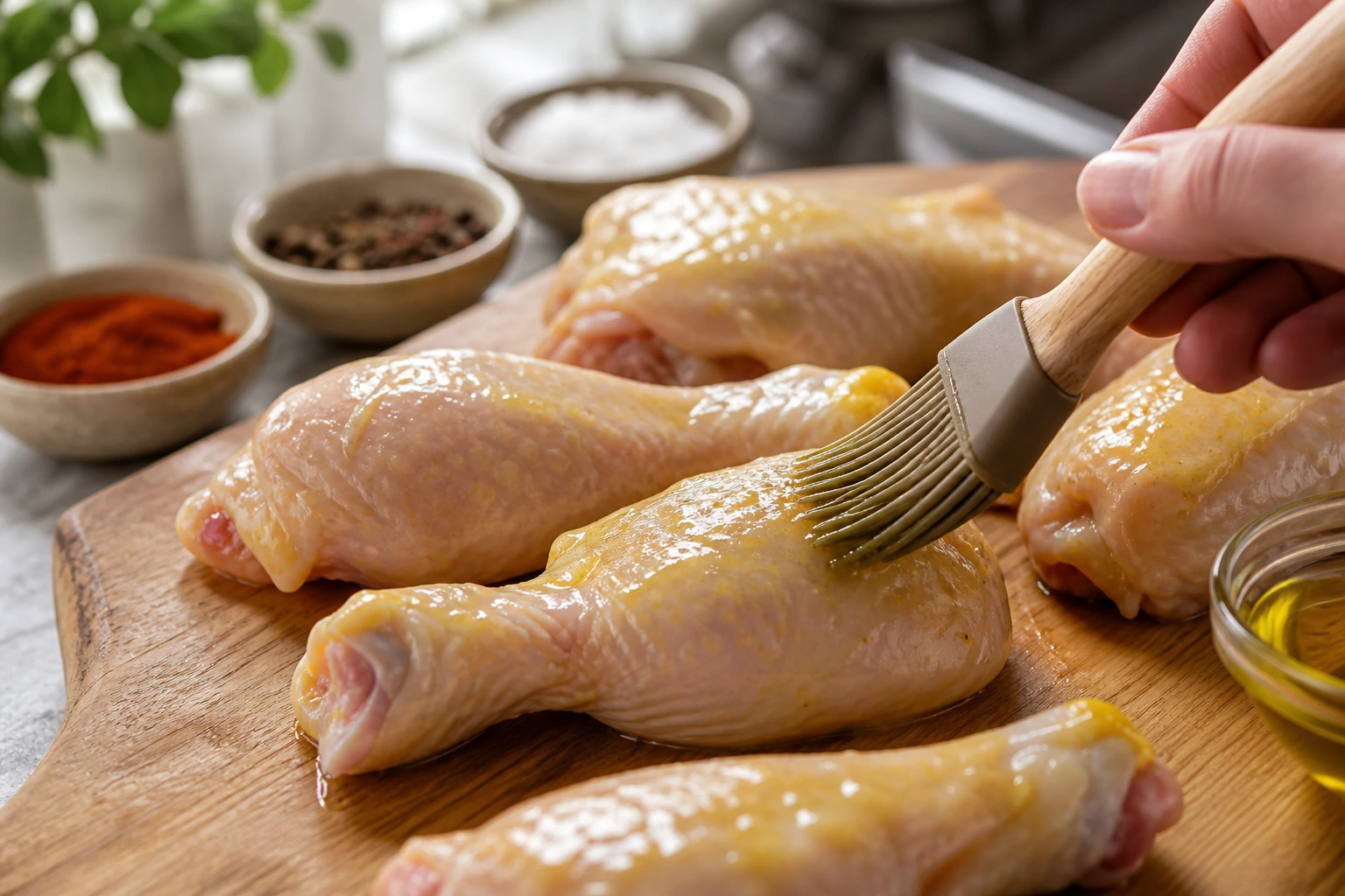 Cuisses de poulet badigeonnées d'huile et assaisonnées