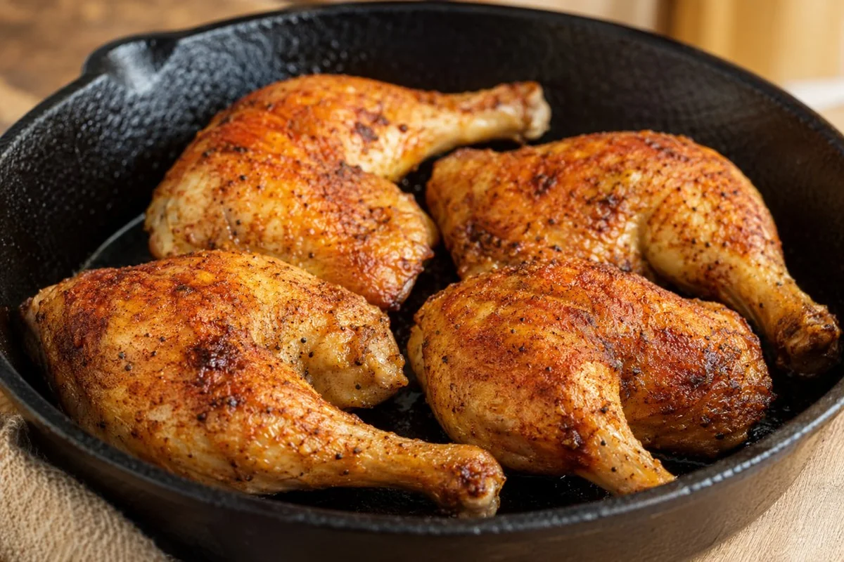 Cuisses de poulet dorées servies dans une poêle en fonte